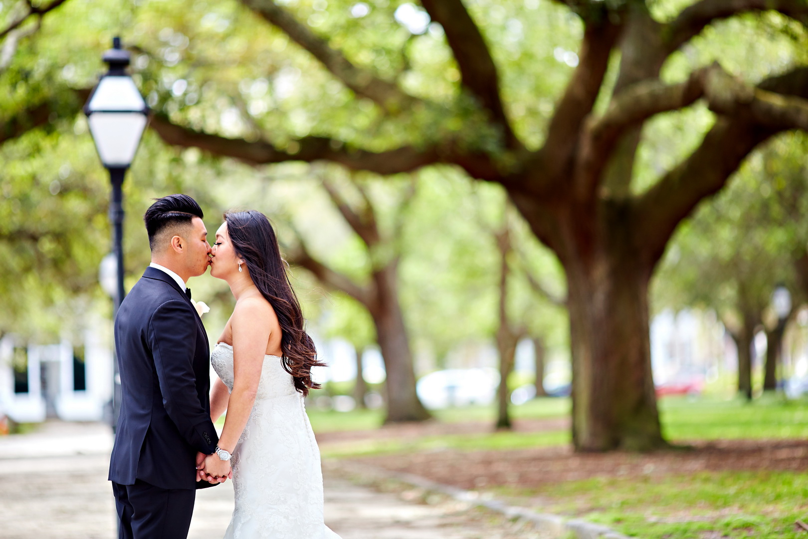 Bride and groom kiss among oak trees in White Point Garden, the Battery, downtown Charleston, SC.