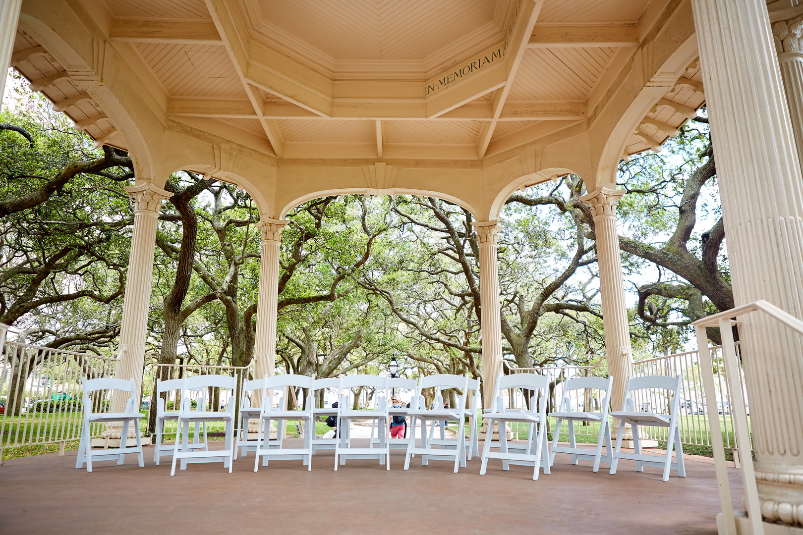 Gazebo wedding ceremony set up in White Point Garden, the Battery, Charleston.