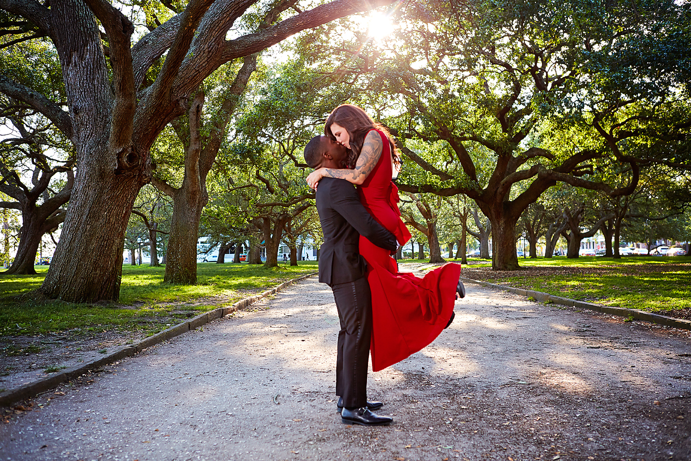  Formal engagement session lift shot at White Point Garden, downtown Charleston, SC 