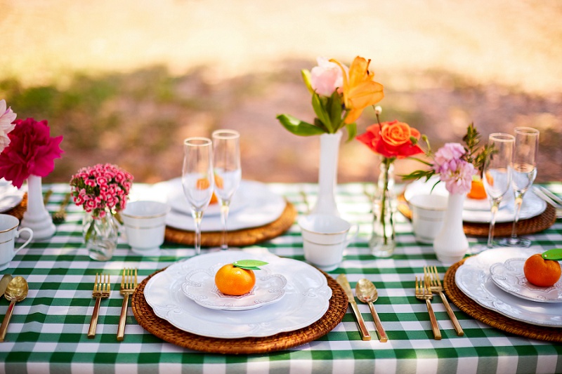 Table setting olorful, gingham east coast reception table at Charleston Woodlands