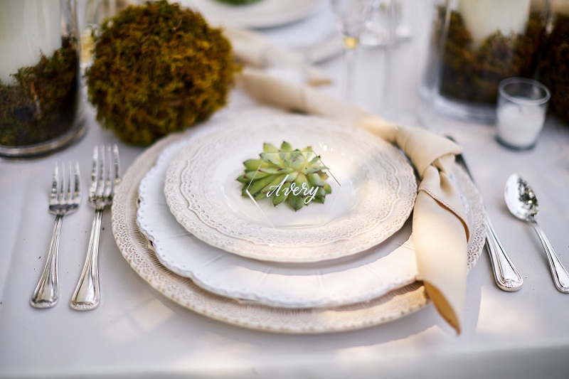 Close up of natural table design for west coast wedding reception, with succulents