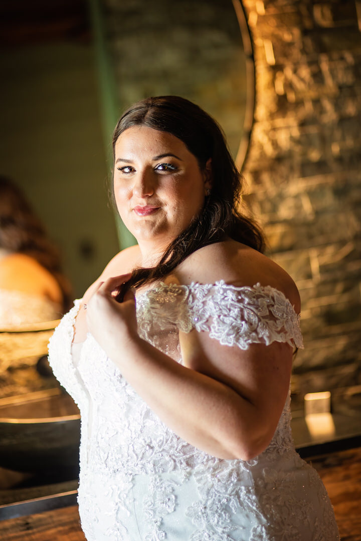 Close up portrait of bride in windowlight, wearing her wedding dress at Eden at Gracefield, Walterboro wedding venue  - photographed by Charleston wedding photographer Luxe By Lindsay Photography
