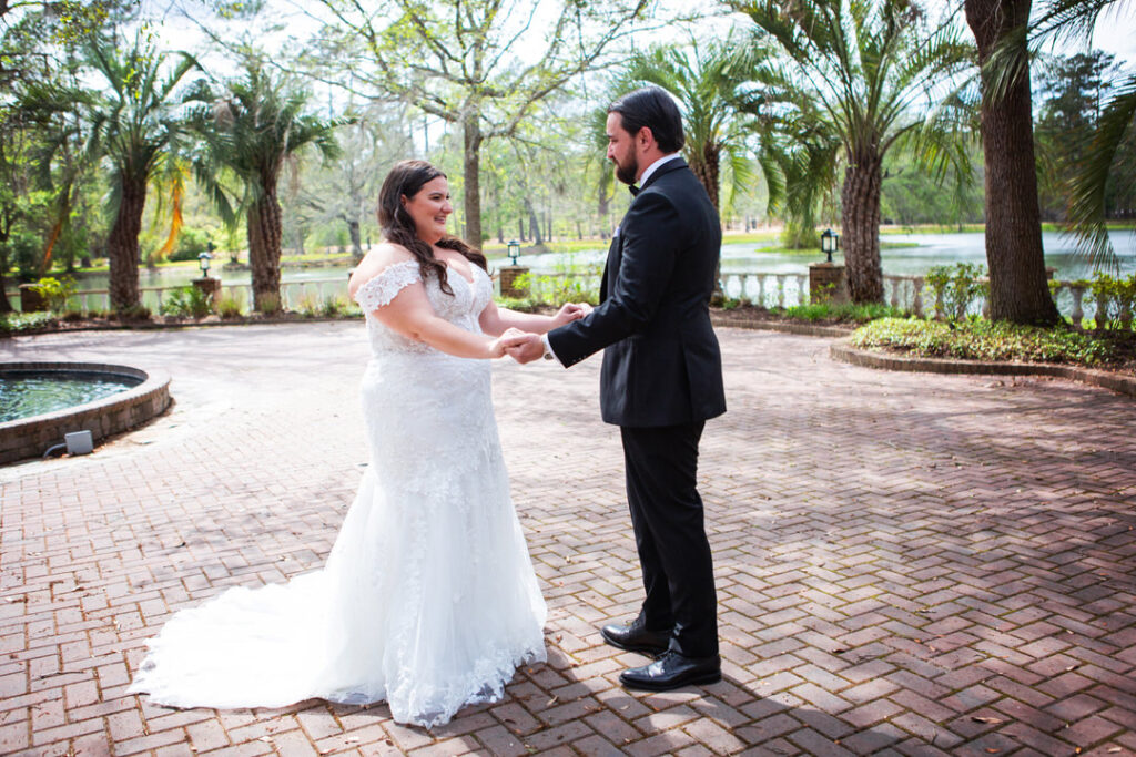 Bride and groom have a first look at their Eden at Gracefield wedding  - photographed by Charleston wedding photographer Luxe By Lindsay Photography